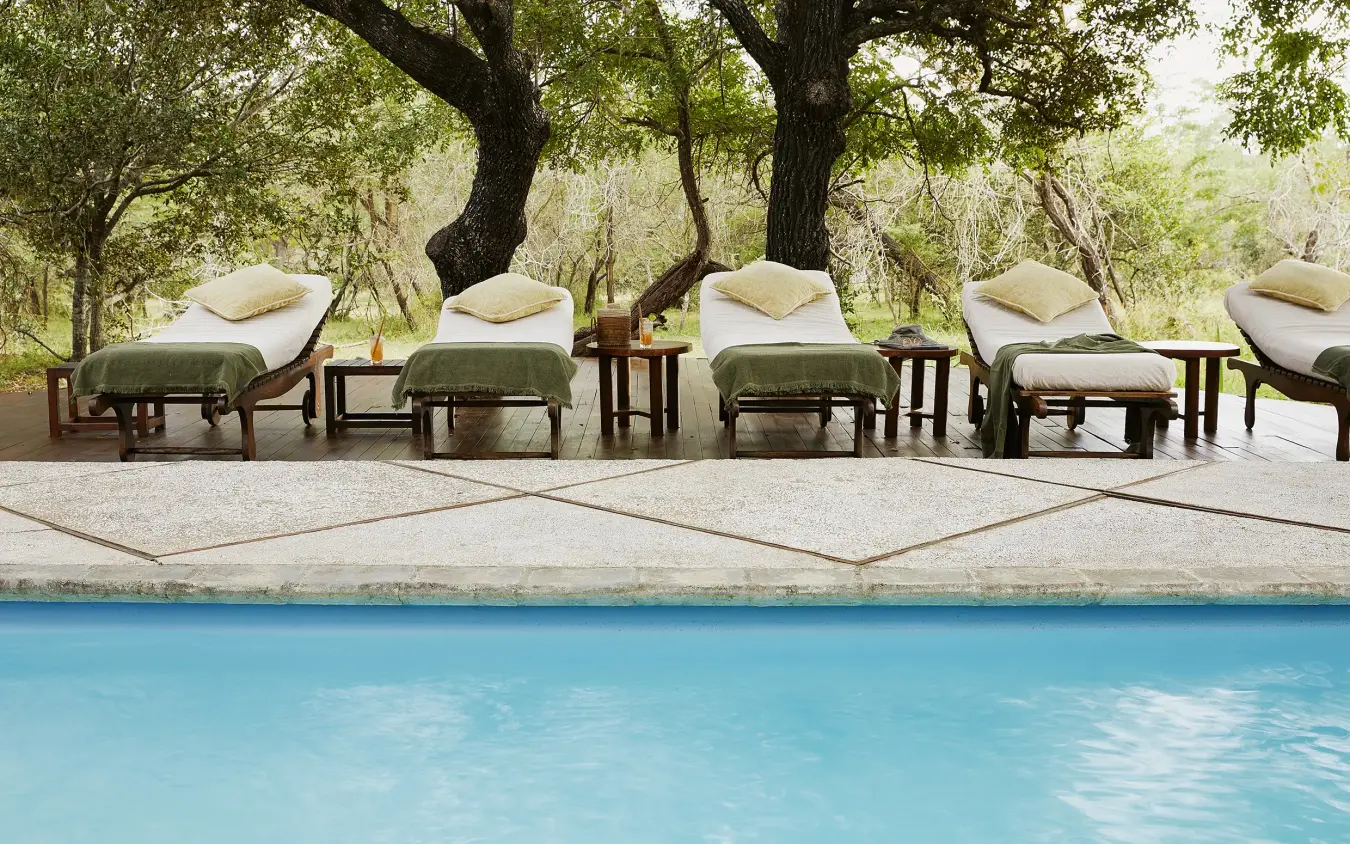 Poolside lounge chairs with cushions beneath shaded trees, Laba Siwandu, Nyerere National Park, Tanzania