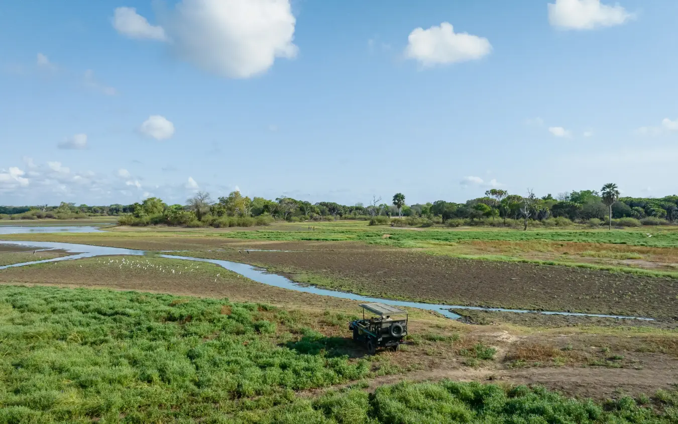 Safari vehicle crossing wetland plains with waterways and grassland, Laba Siwandu, Nyerere National Park, Tanzania