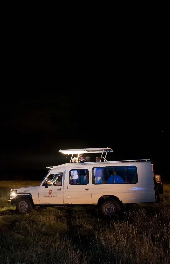 Safari vehicle illuminated at night on grassland during game drive, Lake Elmenteita Serena Camp, Rift Valley Lakes, Kenya