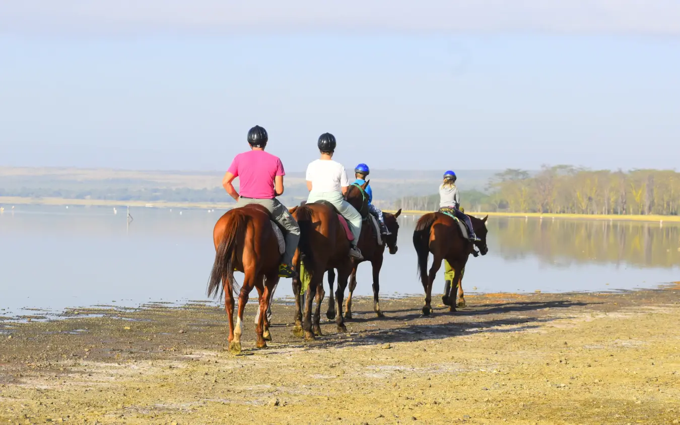 Horseback riders on beach with calm lake and forested shoreline, Lake Elmenteita Serena Camp, Rift Valley Lakes, Kenya