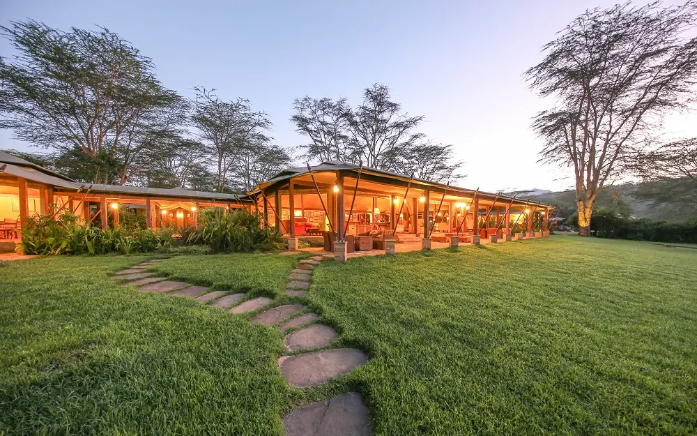 Illuminated safari lodge with curved architecture at dusk under acacia trees, Lake Elmenteita Serena Camp, Rift Valley Lakes, Kenya