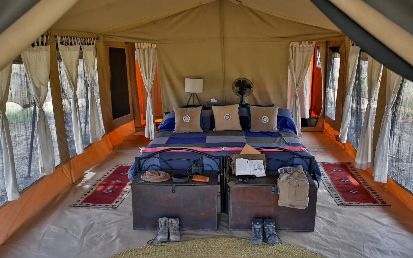 Interior view of safari tent bedroom with blue bedding, Lake Natron Camp, Lake Natron, Tanzania