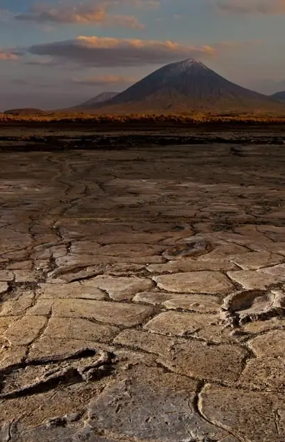 Ancient hominid footprints preserved in dried volcanic mud, Lake Natron Camp, Lake Natron, Tanzania