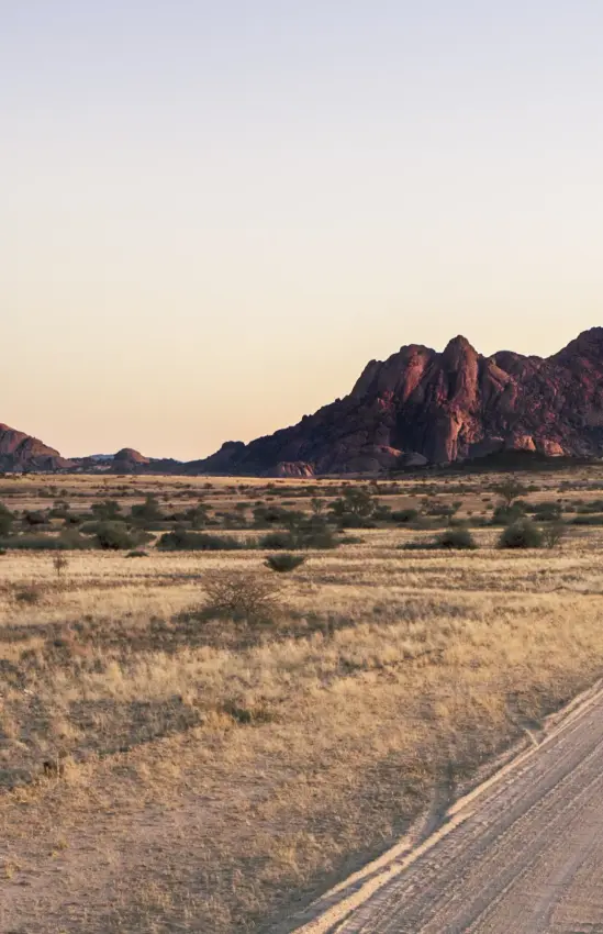 Straight dirt road stretching toward rocky desert mountains