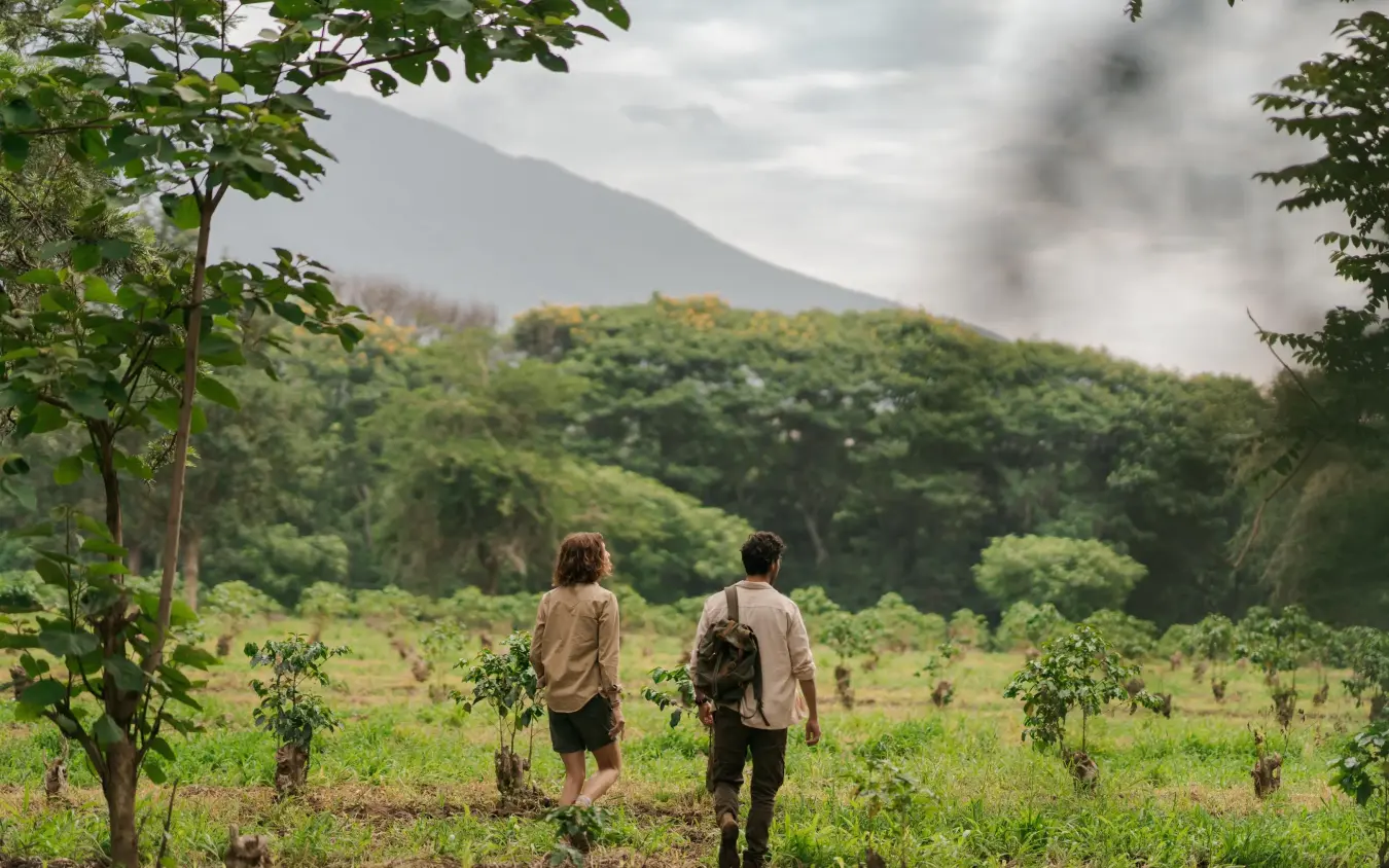 Two people walking through planted savanna landscape toward forested hills, Legendary Lodge, Arusha, Tanzania