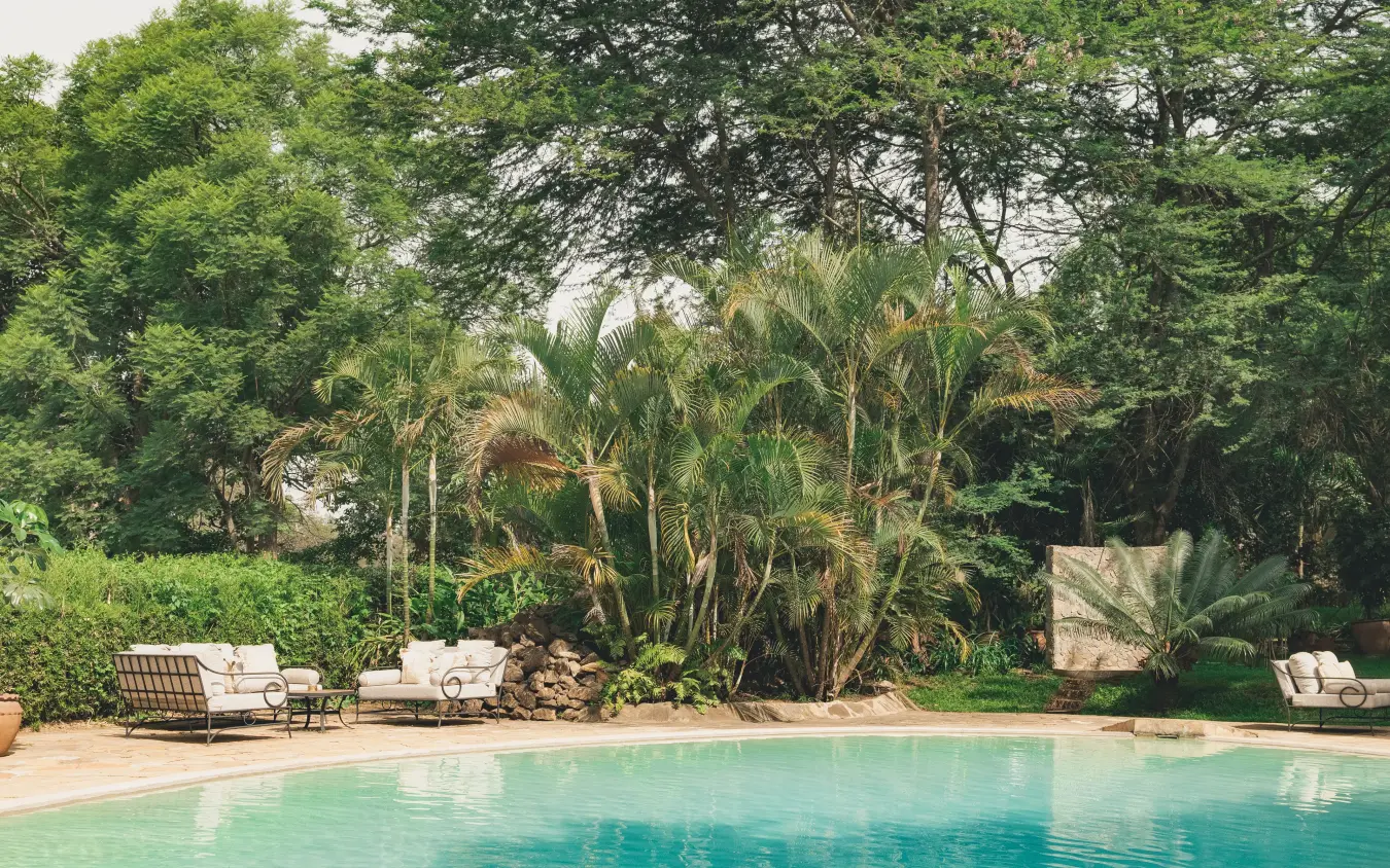 Turquoise pool with lounge chairs and tropical palms, Legendary Lodge, Arusha, Tanzania