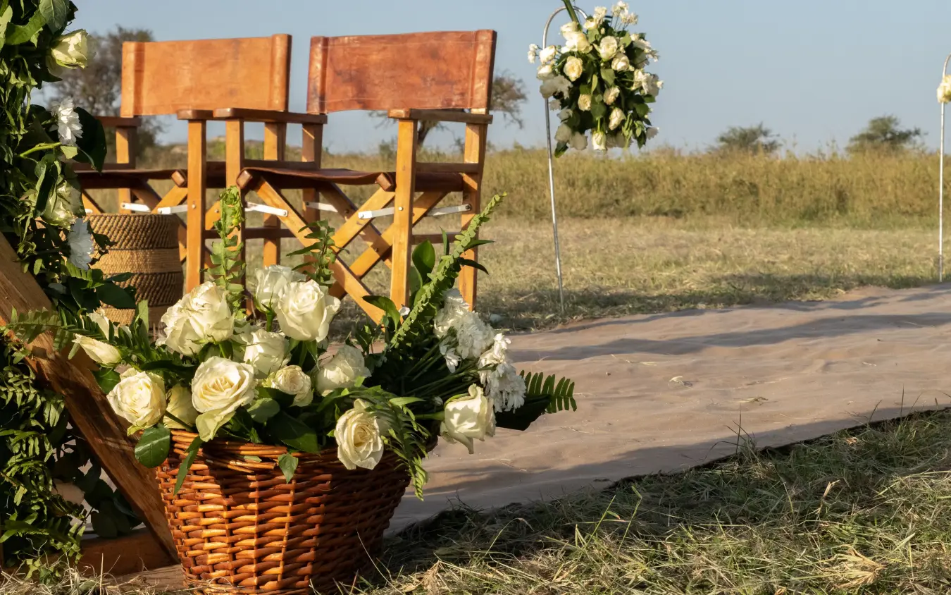 Outdoor wedding ceremony setup with wooden arbor and white roses in savanna, Mpingo Ridge Lodge, Tarangire National Park, Tanzania