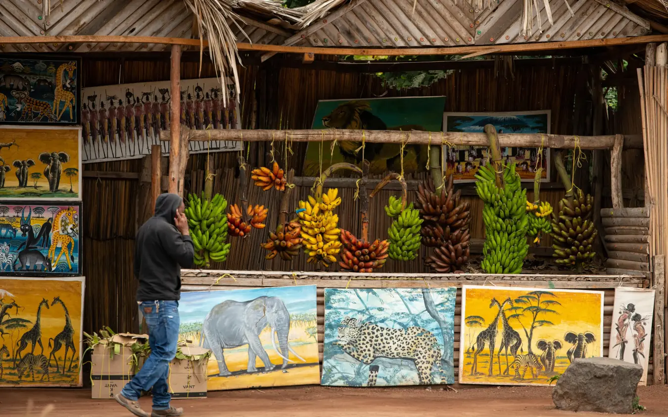 Local artisan market stall with colorful bananas and wildlife paintings, Lemala Ngorongoro, Ngorongoro Crater, Tanzania