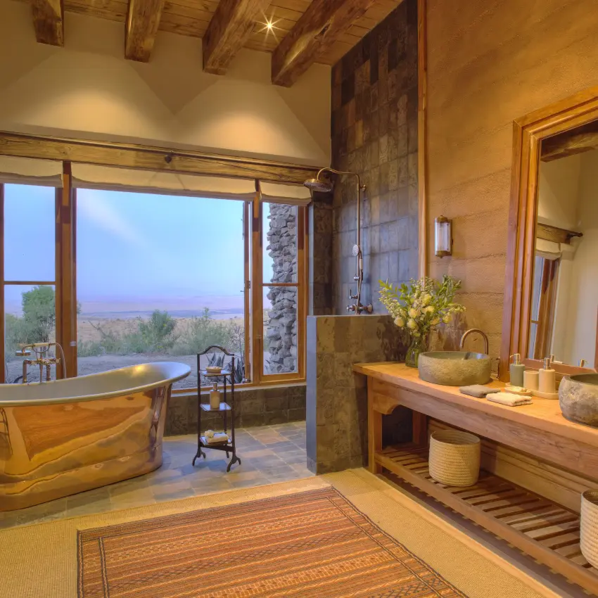Luxury bathroom with wooden finishes and landscape views, Lengishu House, Laikipia Highlands, Kenya