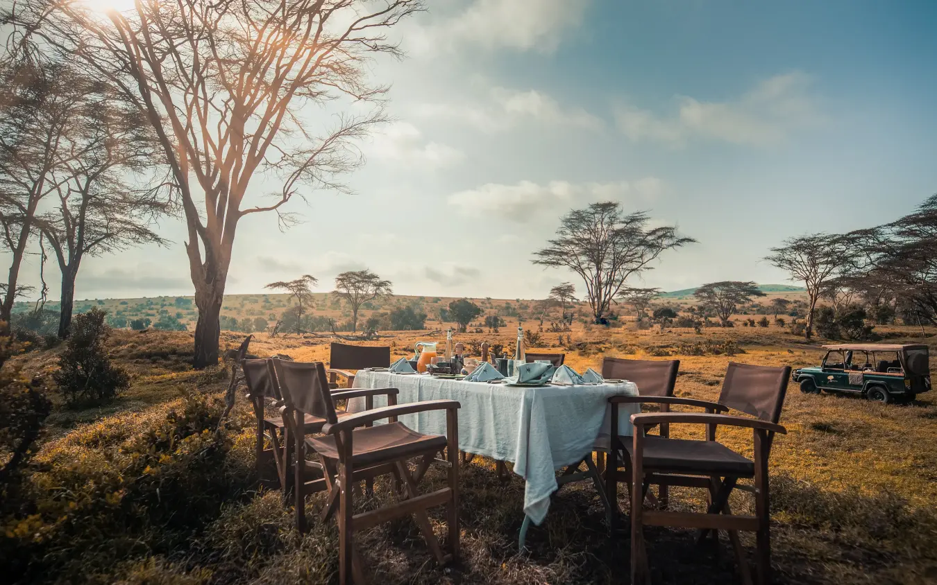 Table set for dining in African savanna landscape, Lengishu House, Laikipia Highlands, Kenya