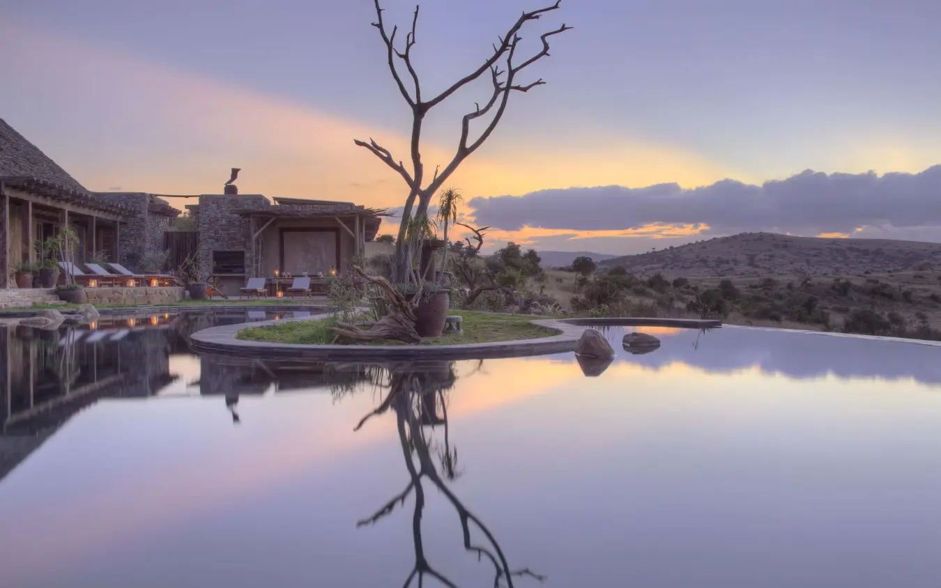 Infinity pool at sunset with bare tree reflection, Lengishu House, Laikipia Highlands, Kenya