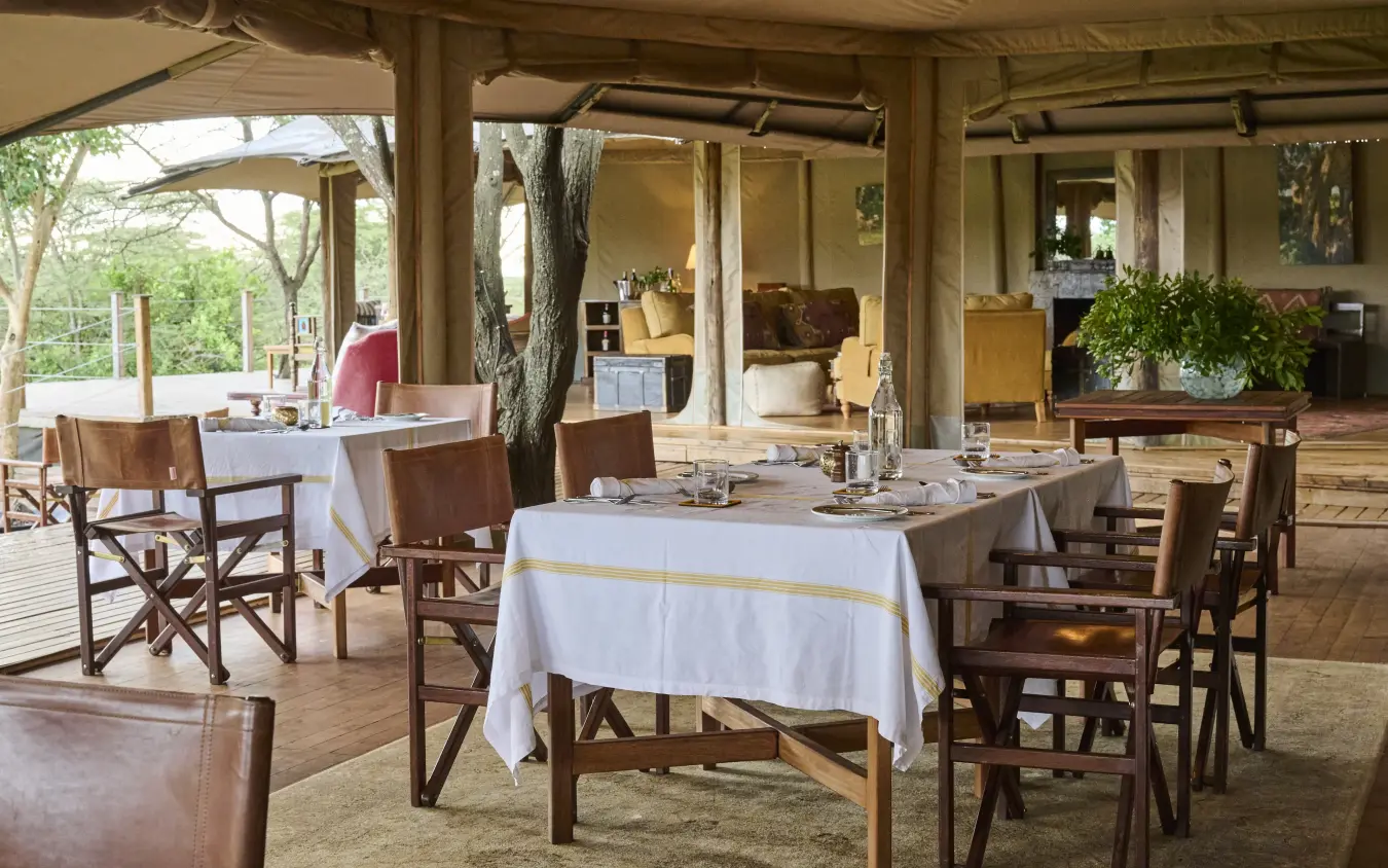 Outdoor dining pavilion with white tablecloths and wooden chairs under shade structure, Leopard Hill, Maasai Mara, Kenya