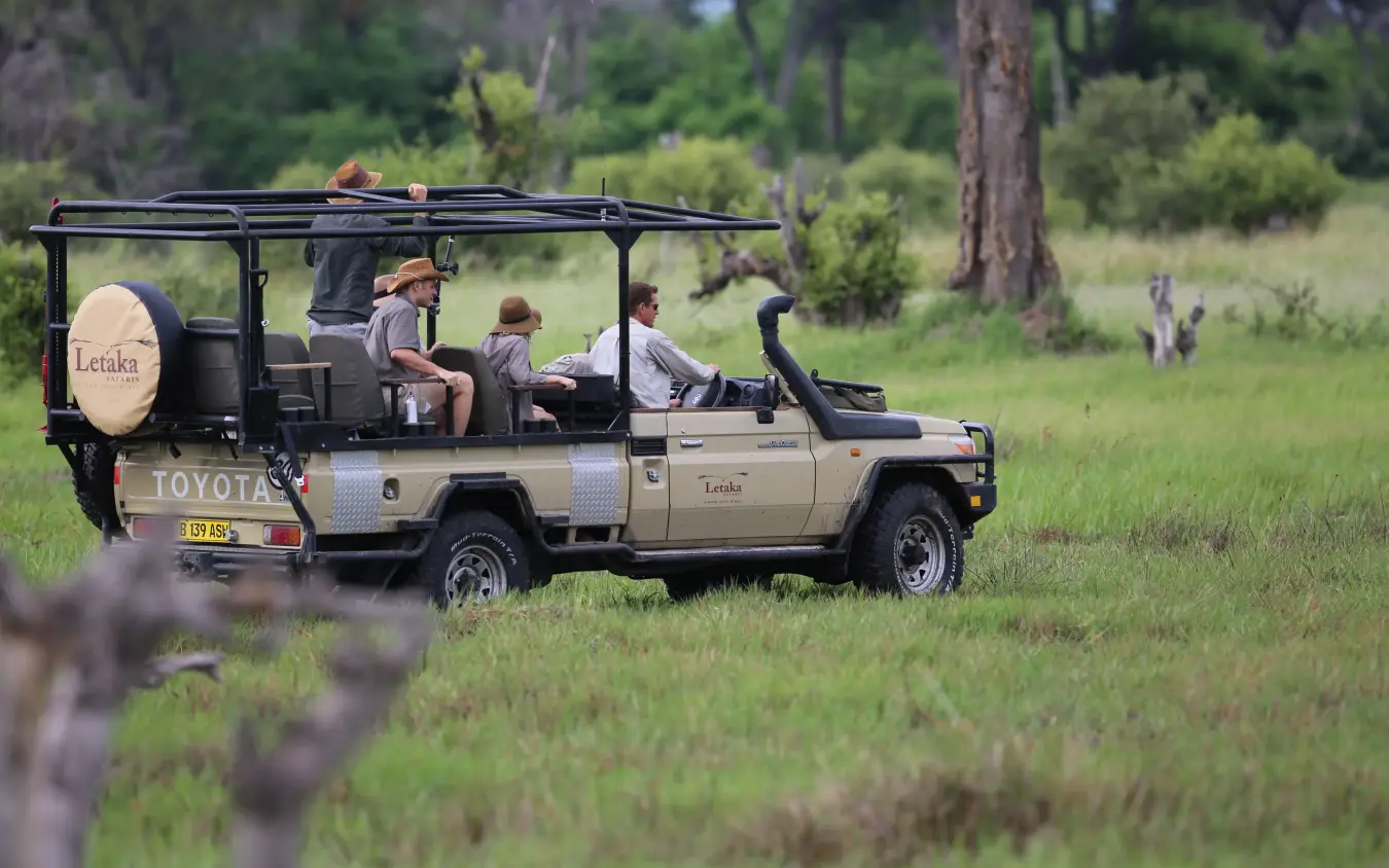 Safari vehicle with guests on game drive in grassland
