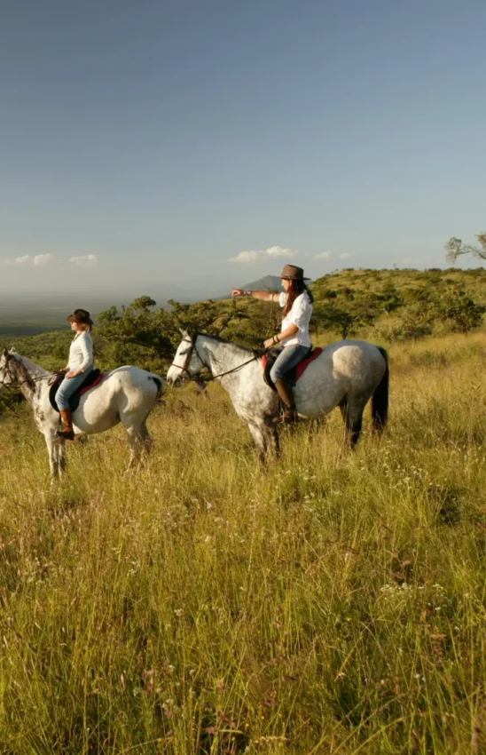 Horseback riders on grassland overlooking valley landscape, Lewa Wilderness, Laikipia Highlands, Kenya