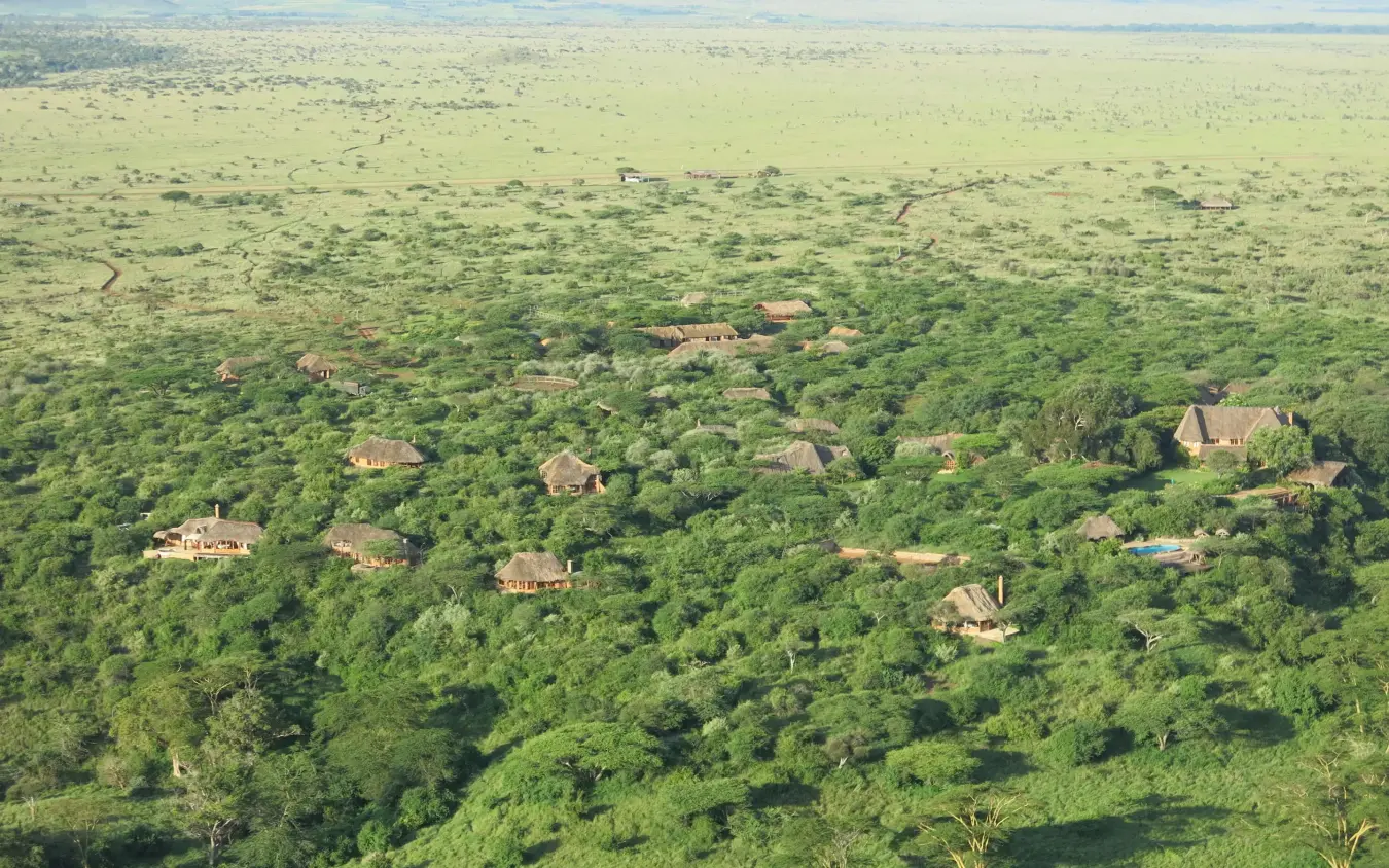 Aerial view of lodge nestled among acacia trees and savanna, Lewa Wilderness, Laikipia Highlands, Kenya