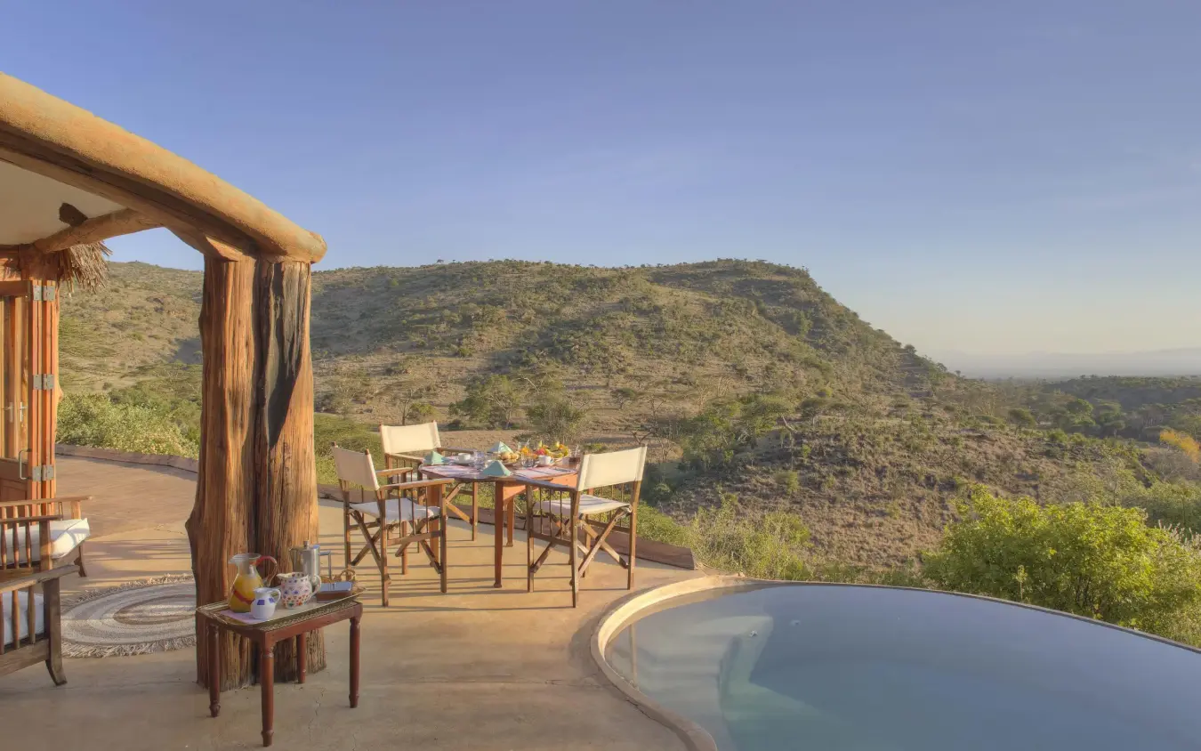Private deck with pool overlooking savanna landscape, Lewa Wilderness, Laikipia Highlands, Kenya