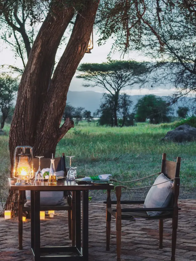 Outdoor dining setup with lantern lighting under large tree at dusk, Little Chem Chem, Lake Manyara, Tanzania