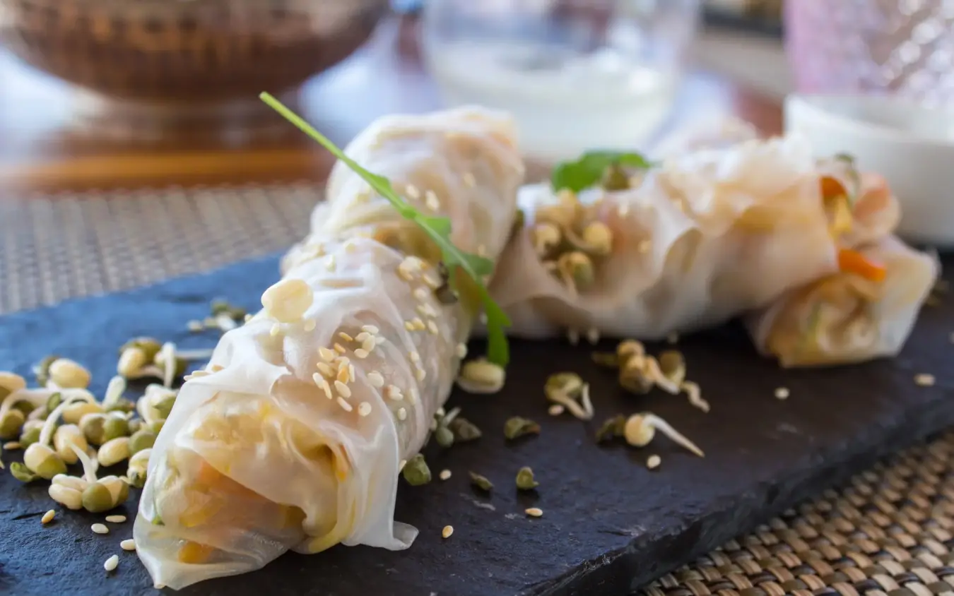 Plated dumplings with sprouts on dark slate serving board, Little Chem Chem, Lake Manyara, Tanzania