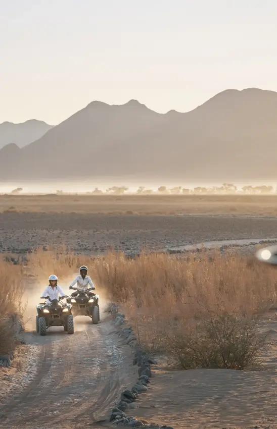 Two riders on all-terrain vehicles driving through desert scrubland at dawn, Little Kulala, Sossusvlei, Namibia