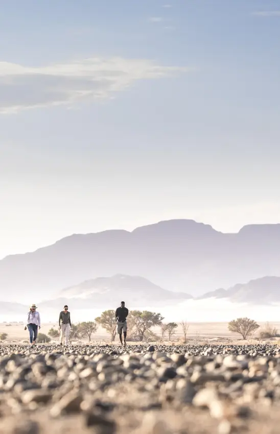 Three hikers standing on rocky ground with misty mountains in background, Little Kulala, Sossusvlei, Namibia