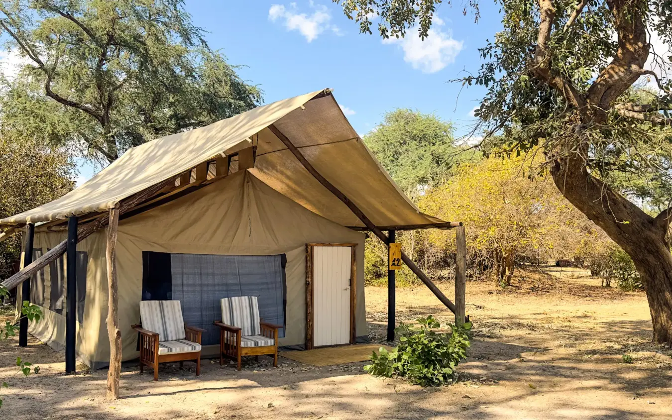 Canvas safari tent with wooden deck and shade awning, Little Vundu, Mana Pools, Zimbabwe