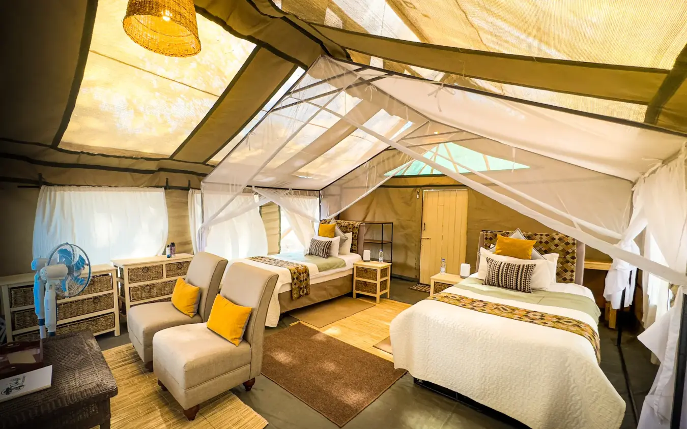 Spacious safari tent bedroom with multiple beds and seating, Little Vundu, Mana Pools, Zimbabwe