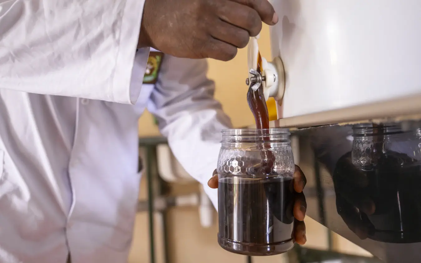 Chef pouring dark sauce into glass jar in lodge kitchen, Loldia House, Rift Valley Lakes, Kenya