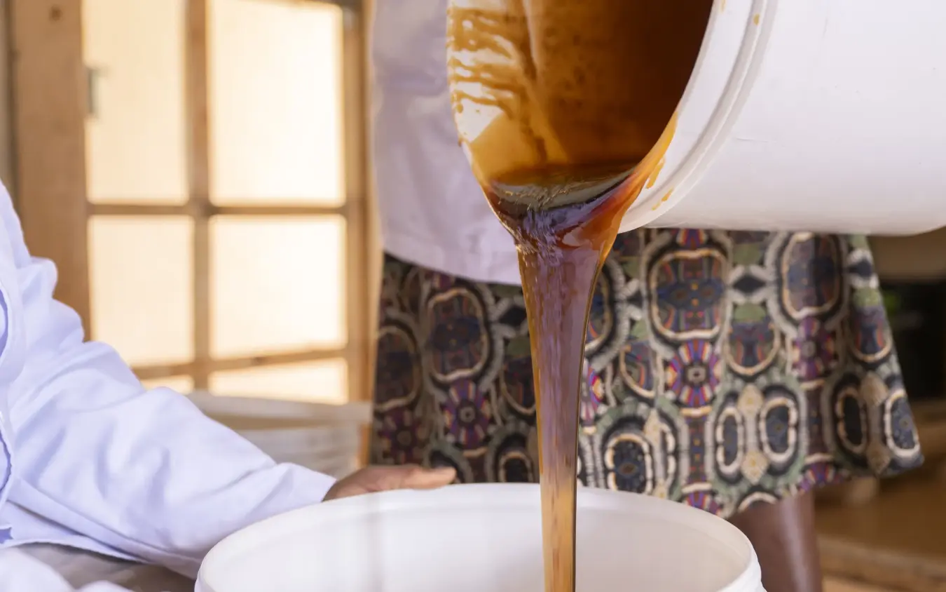 Honey being poured into white bowl during breakfast service, Loldia House, Rift Valley Lakes, Kenya