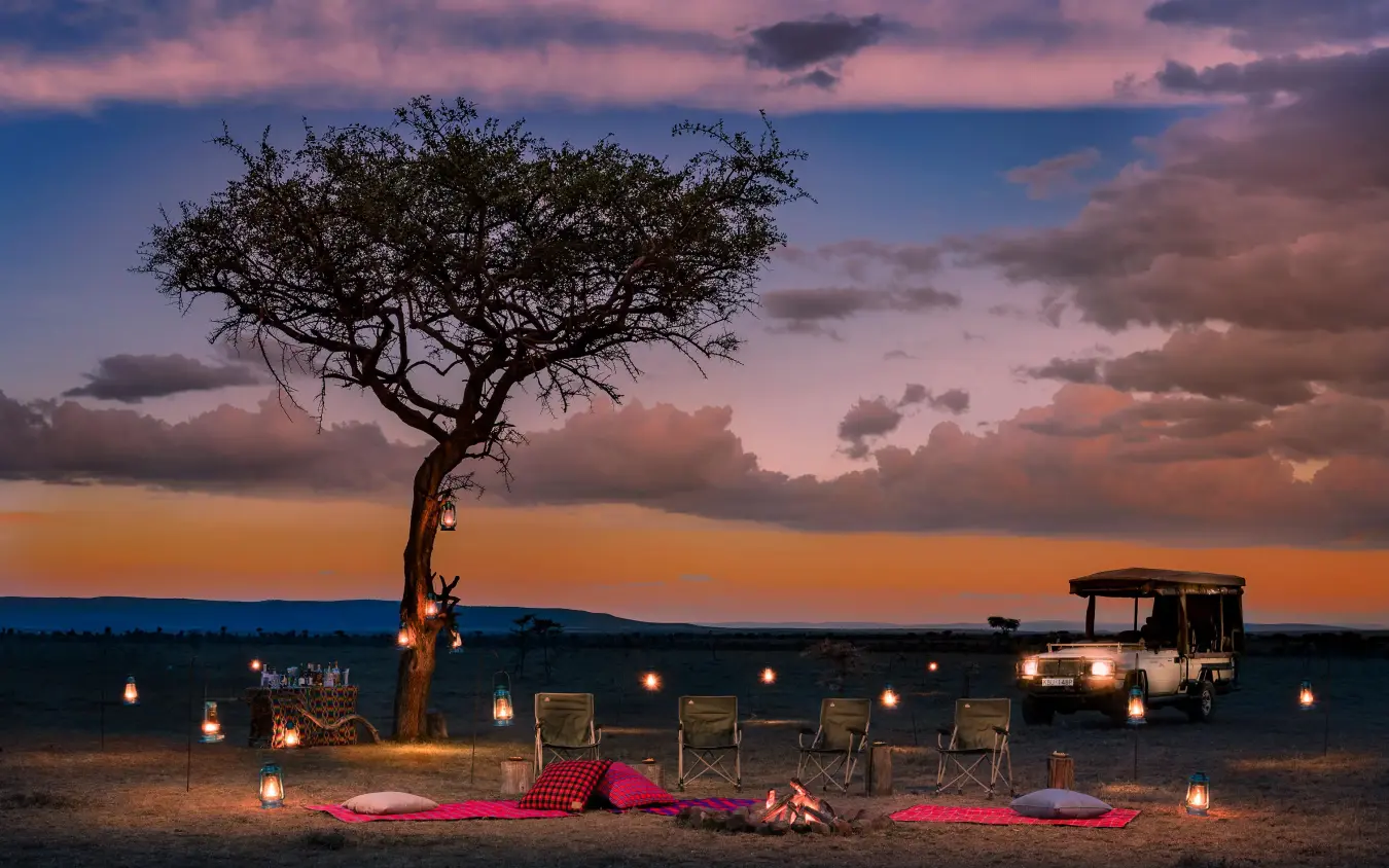 Sunset safari dinner setup with acacia tree and vehicle, Mahali Mzuri, Maasai Mara, Kenya