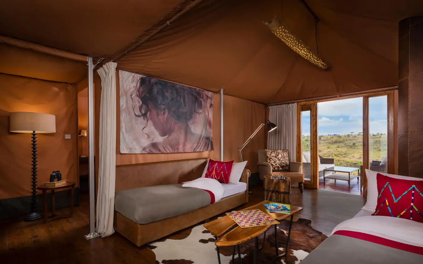 Luxury safari tent bedroom with canvas walls and landscape views, Mahali Mzuri, Maasai Mara, Kenya