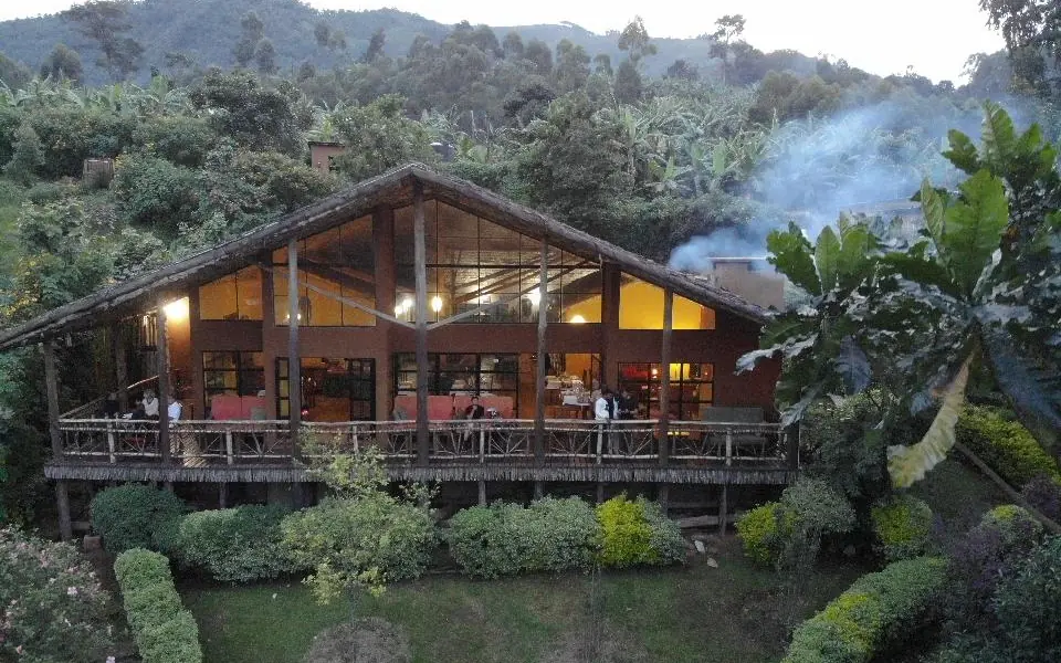 Modern wooden lodge with large windows overlooking forested landscape, Mahogany Springs, Bwindi Impenetrable Forest, Uganda