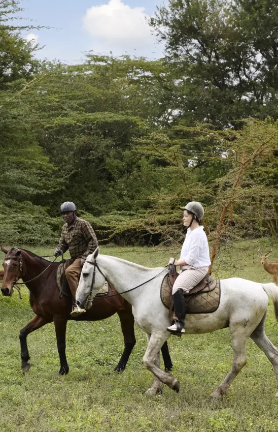 Horseback riders on grass with forest backdrop during midday, Mama Simba, Arusha, Tanzania