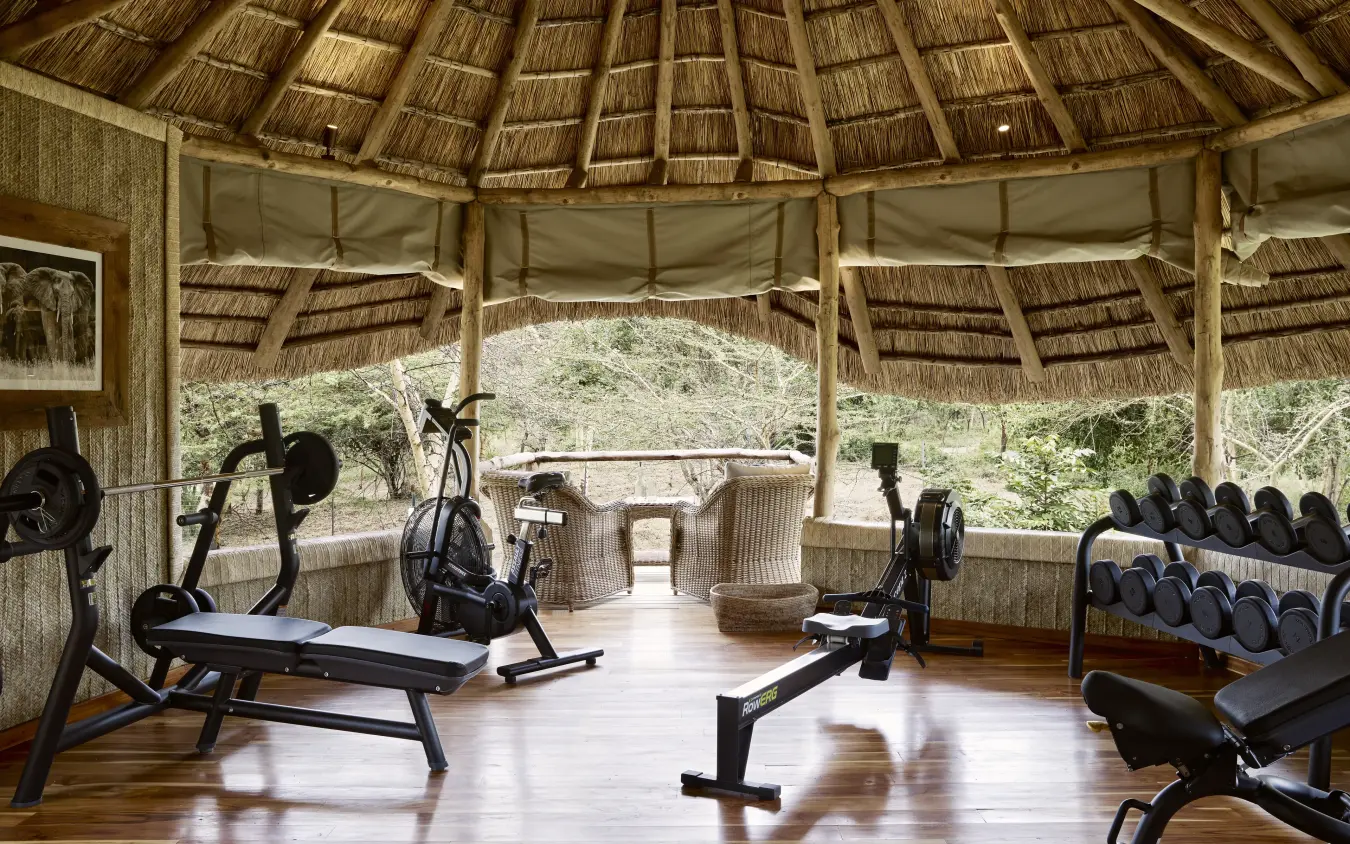 Open-sided gym pavilion with exercise equipment and savanna views, Mama Simba, Arusha, Tanzania