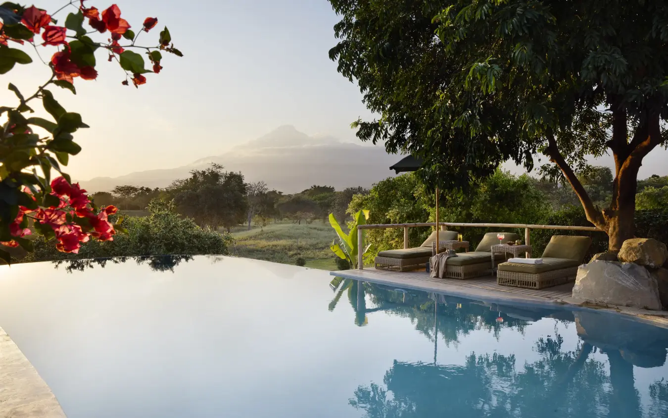 Infinity pool reflecting mountain peak at sunrise with savanna landscape, Mama Simba, Arusha, Tanzania