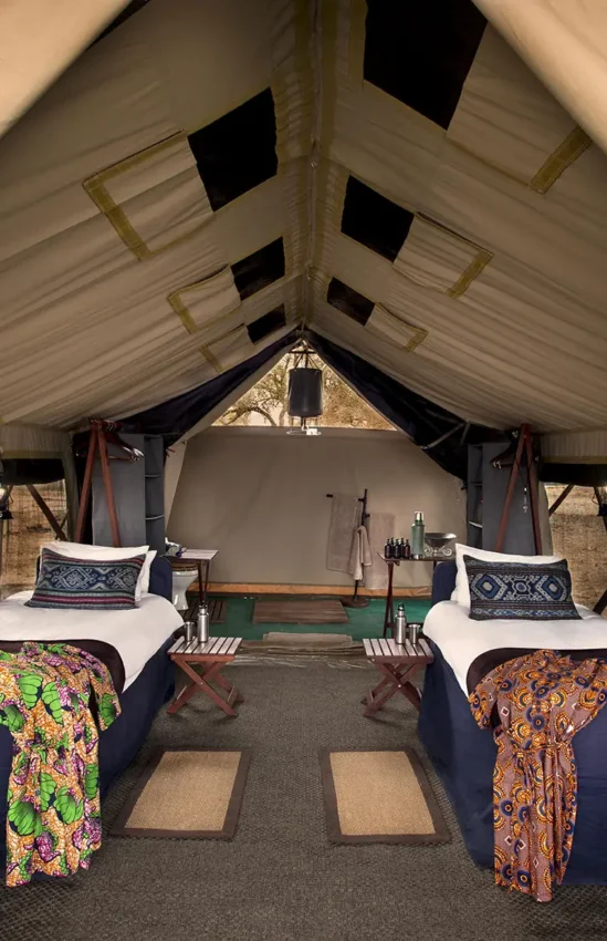 Interior view of luxury safari tent with twin beds, Zambezi Expeditions, Mana Pools, Zimbabwe