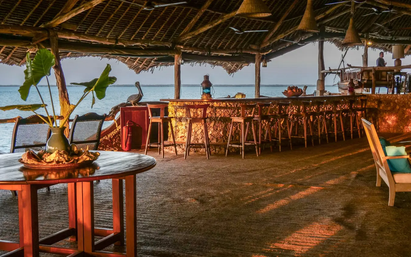 Beachfront lounge area with thatched roof and ocean views, Manda Bay, Lamu Archipelago, Kenya