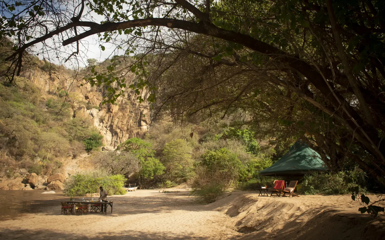 Sandy campground with green tent beneath tall trees, Manyara Green Camp, Lake Manyara, Tanzania