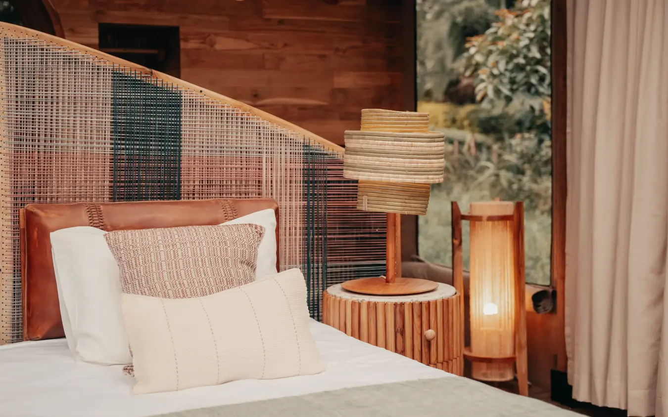 Modern bedroom with woven headboard and wood accents, Manyara Green Camp, Lake Manyara, Tanzania