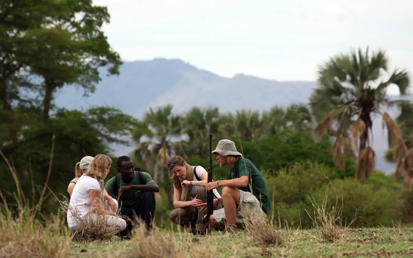 Group of tourists examining soil or vegetation on guided nature walk in tropical landscape, Manyara Ranch, Lake Manyara, Tanzania