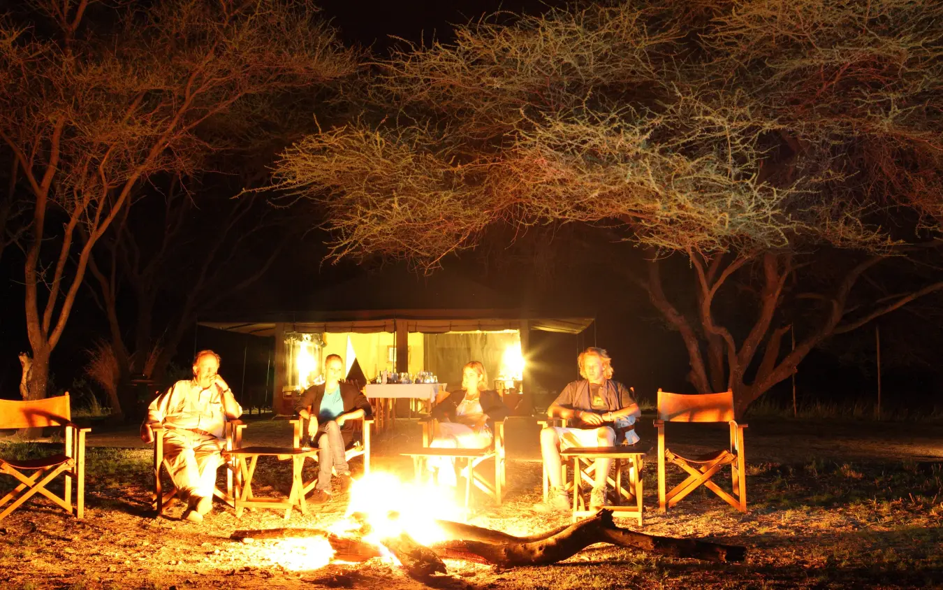 Group gathered around campfire under acacia trees at night, Manyara Ranch, Lake Manyara, Tanzania