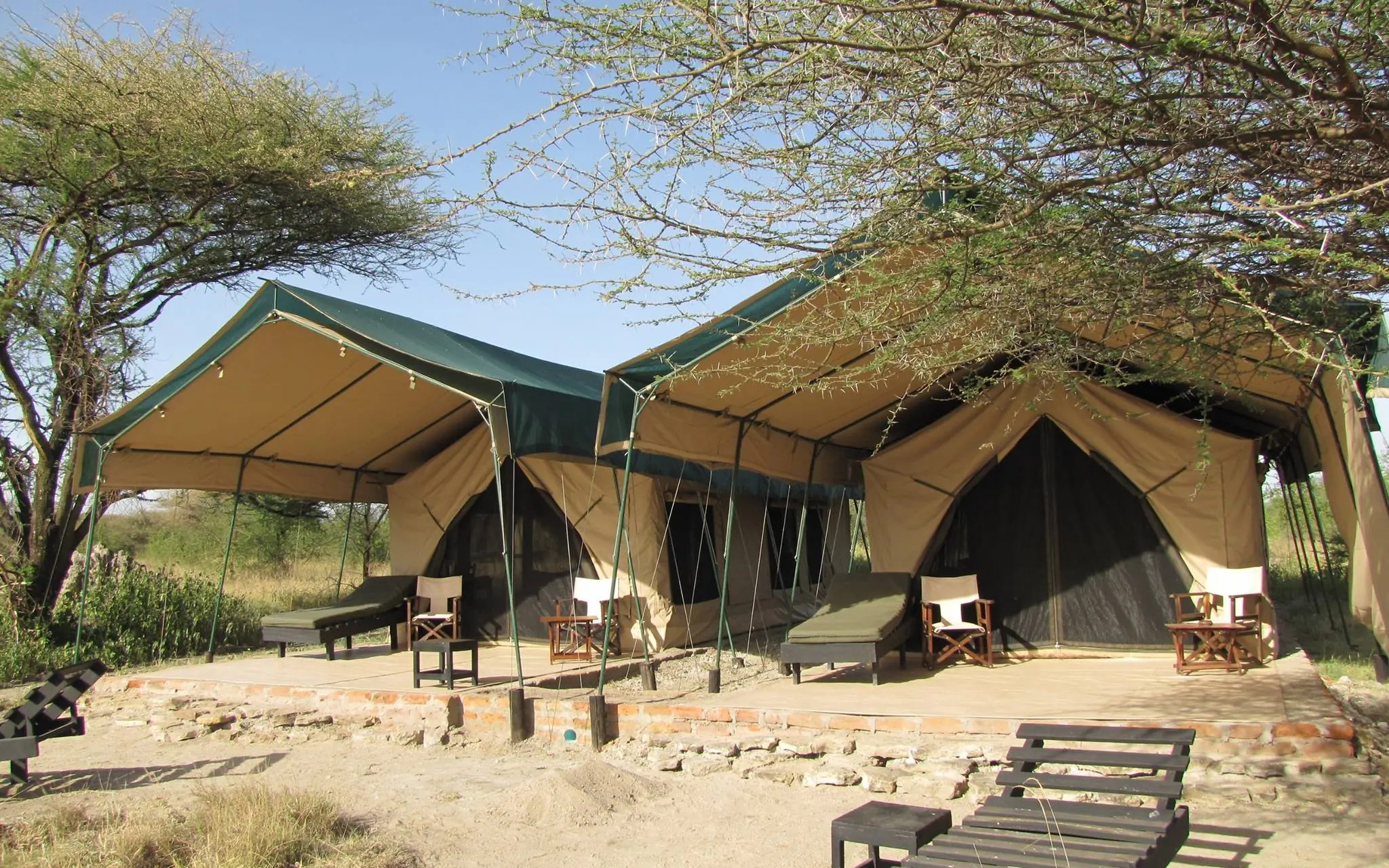Safari camp tents with canvas structures and shade awnings in savanna landscape, Manyara Ranch, Lake Manyara, Tanzania