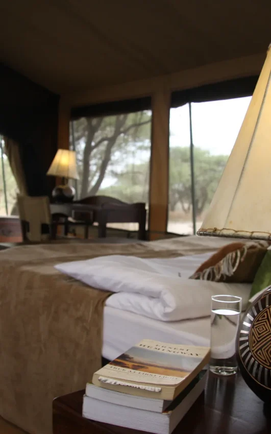 Luxury bedroom with lamp and view of savanna landscape through windows, Manyara Ranch, Lake Manyara, Tanzania
