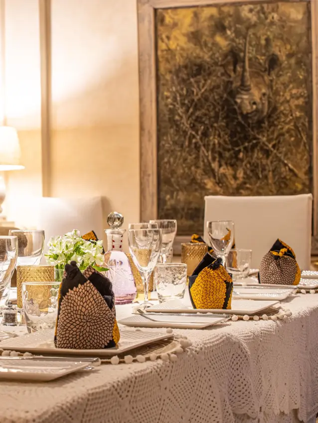 Fine dining table setting with place cards and glassware, Manzili House, Nairobi, Kenya