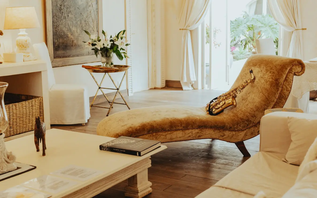 Elegant living room with chaise lounge and cream furnishings, Manzili House, Nairobi, Kenya