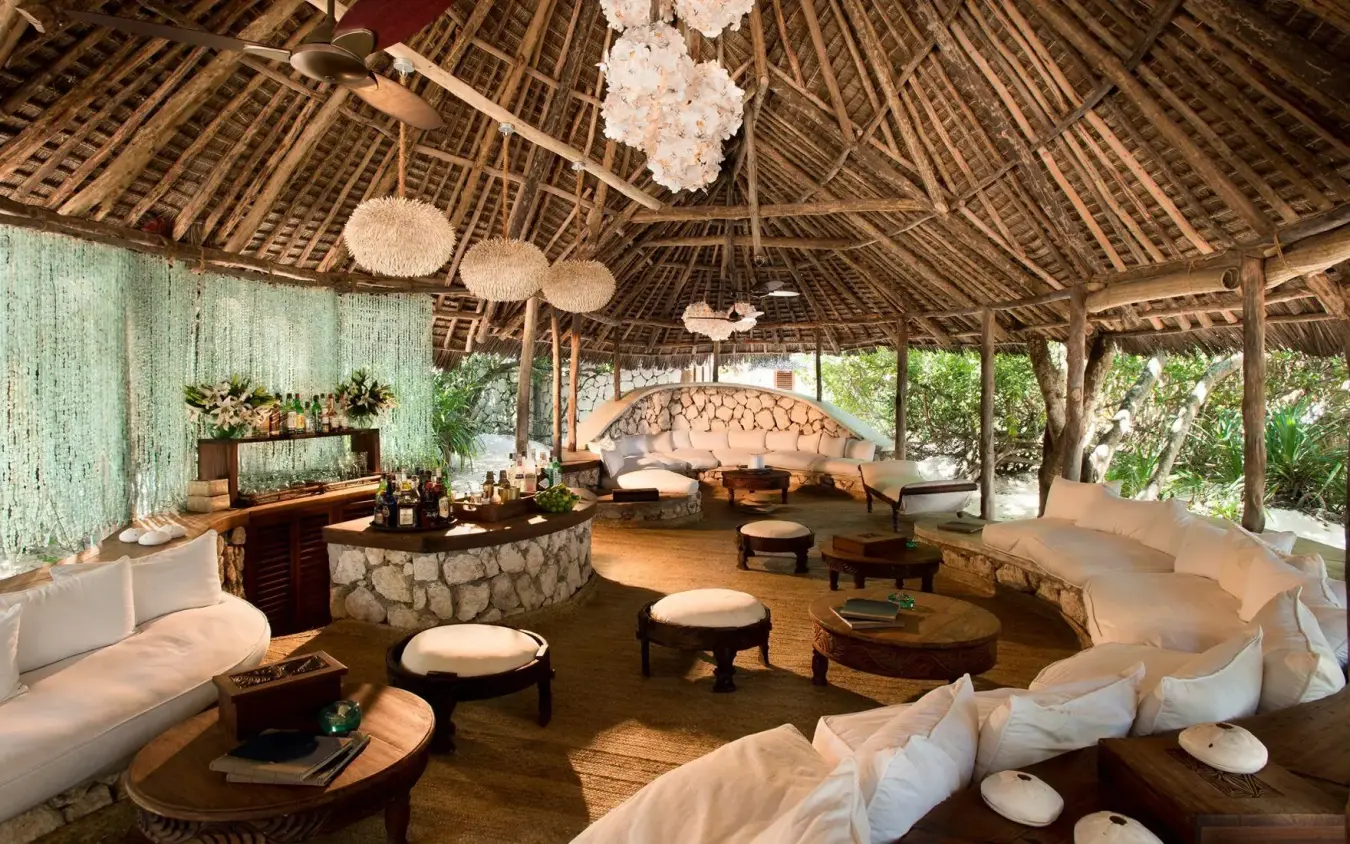 Open-air lounge with thatched roof and ocean views, Mnemba Island, Zanzibar & Pemba, Tanzania