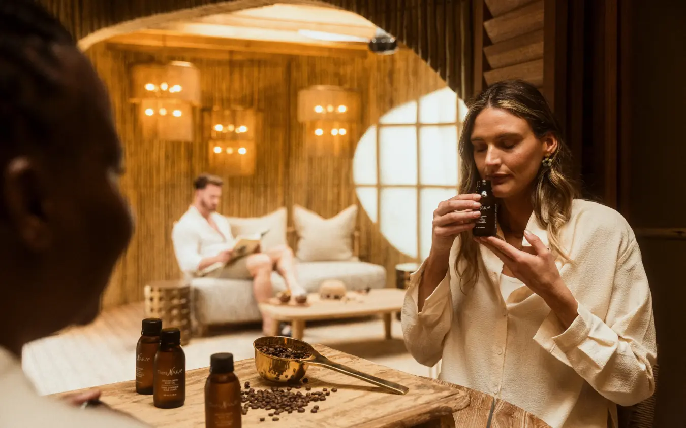 Woman presenting skincare products in luxury wooden spa lounge, Mombo Camp, The Okavango Delta, Botswana