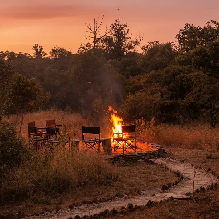 Campfire with chairs in bush clearing at dusk, Moon’s Camp, Laikipia Highlands, Kenya