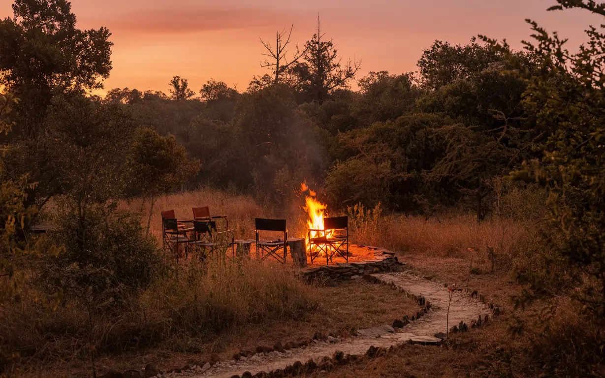 Campfire with chairs in bush clearing at dusk, Moon’s Camp, Laikipia Highlands, Kenya