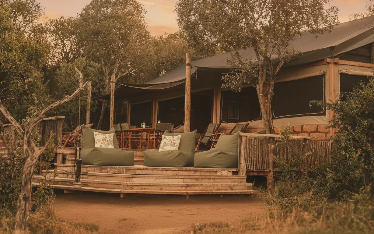 Luxury safari lodge with wooden deck and olive green seating among trees, Moon’s Camp, Laikipia Highlands, Kenya
