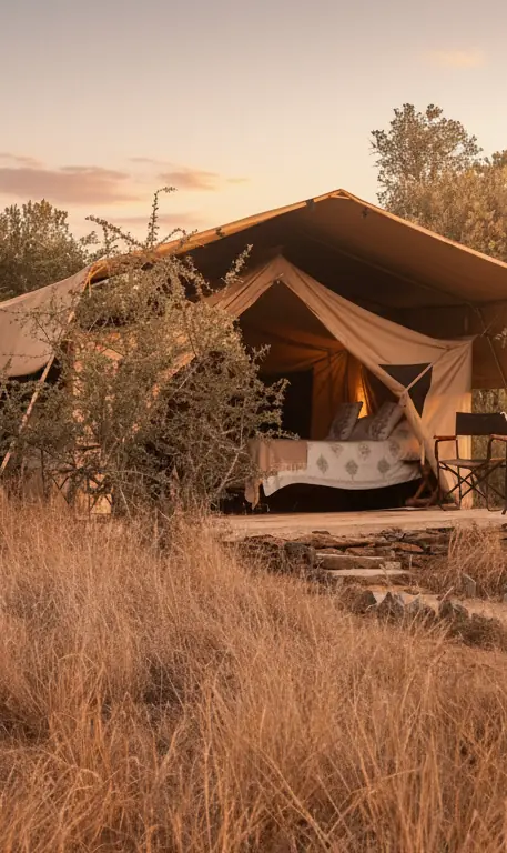 Glamping safari tent with deck overlooking dry grassland at sunset, Moon’s Camp, Laikipia Highlands, Kenya